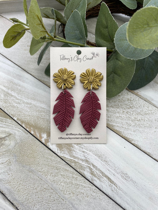 Garnet & Gold Floral + Feather Earrings