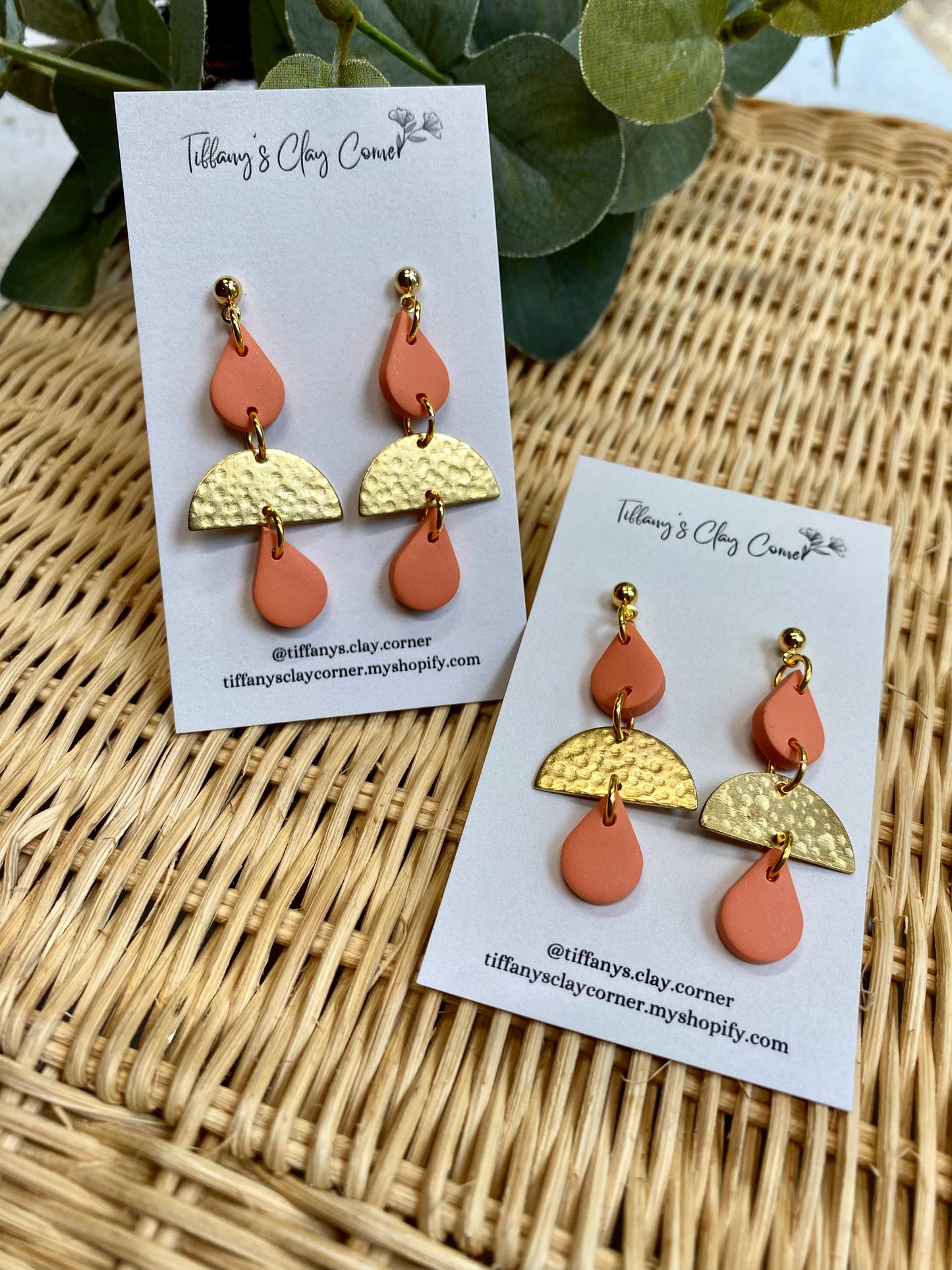 A. Peach Teardrop w/Gold Accents Clay Earrings